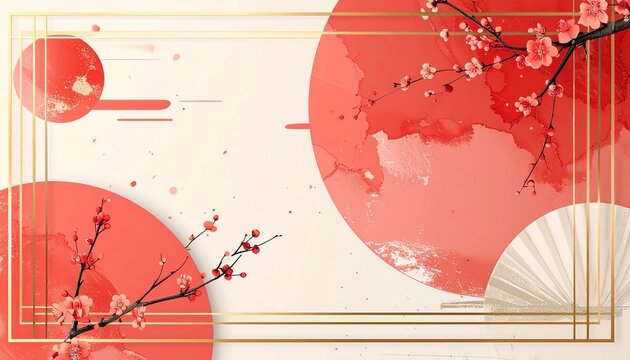Contemporary Japanese frame background in coral red and cream palette with thin metallic gold lines and plum blossom accents, elegant abstract asian border design with copy space