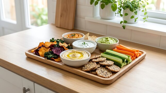 Healthy vegetable snacks with hummus and dips on a wooden tray in a bright kitchen. chip and dip display