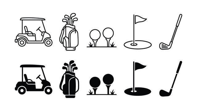 Golf icons including golf carts clubs flags and balls on white background