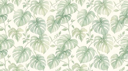 Fototapeta premium A summer pattern featuring lush green palm coral leaves on a cream background.