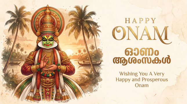 Happy Onam Greeting Banner with Kathakali Performer and Kerala Backwaters for Festival Celebration Design