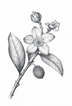 Monochrome Drawing of a Flower and Fruit