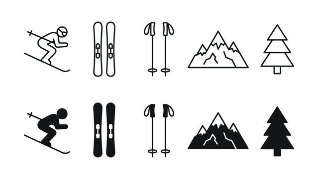 Skiing icons with mountains trees and skiing equipment illustrations