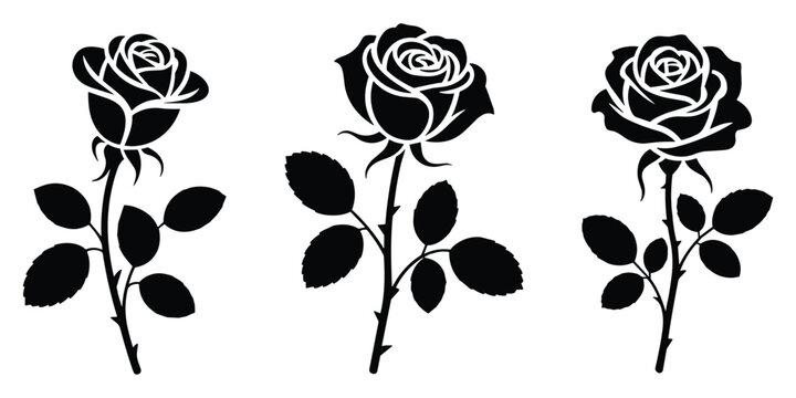 Black silhouette icons of blooming rose flowers with leaves and thorns isolated on white background