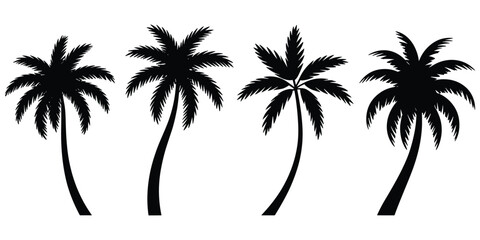 Set of black silhouette palm trees in various shapes and sizes for tropical vacation themes © MdNurul