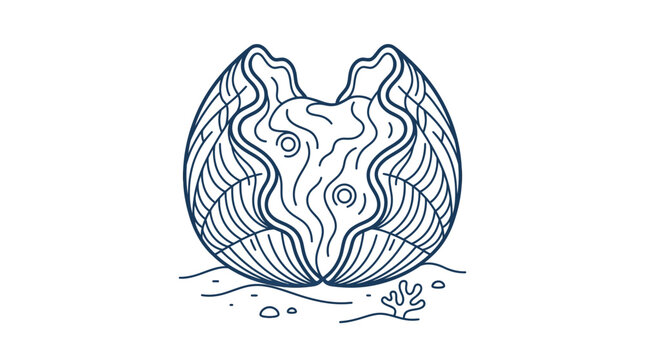 Hand-drawn illustration of an open clam shell with wavy interior on sandy seabed