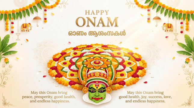 Happy Onam Greeting Banner with Kathakali Face Pookalam Rangoli and Traditional Kerala Festival Decoration