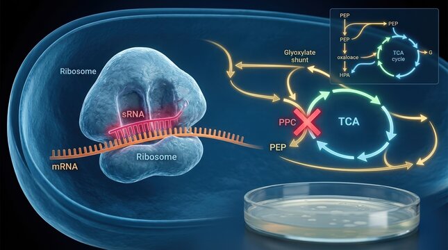 A stylized bacterial cell interior shows a small RNA strand binding messenger RNA near a ribosome, blocking phosphoenolpyruvate carboxylase translation while glowing arrows trace TCA-cycle flux
