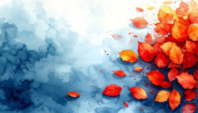Watercolor Autumn Leaves Floating Beside Open Water Space2
