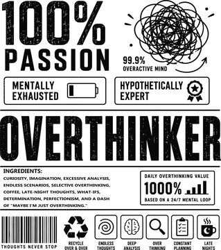 Overthinker Nutrition Label Style Funny Typography Design on White Background
