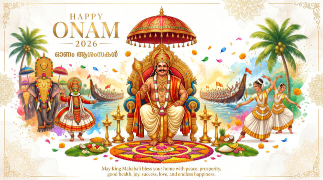 Happy Onam Greeting Banner with King Mahabali Traditional Dancers and Kerala Festival Celebration Illustration