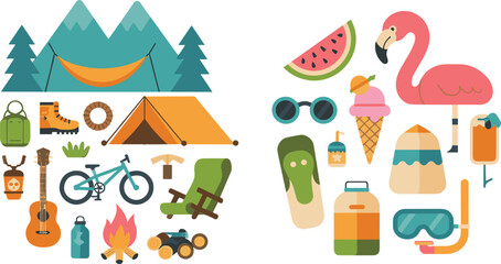 Obraz premium Outdoor recreation and tropical holiday icon collection featuring campfire hammock guitar ice cream watermelon and travel elements for summer graphic design projects vector