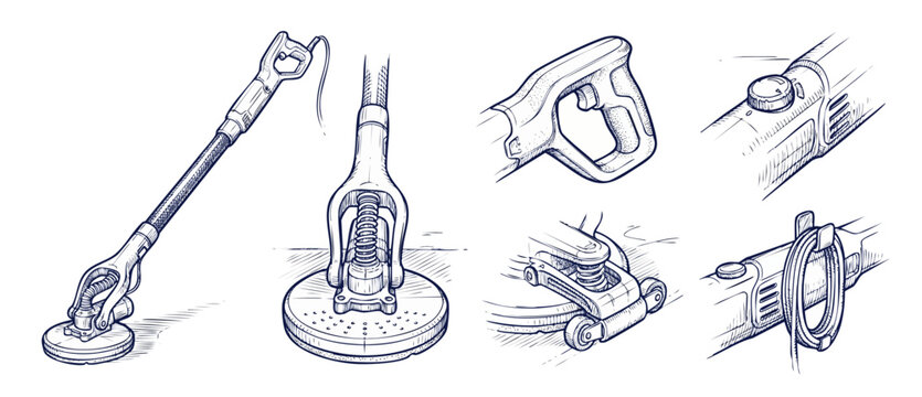 Drywall sander tool technical drawing showing mechanical details, parts schematic, assembly design guide diagram, and handdrawn blueprint sketches of electrical construction gear on isolated white bac
