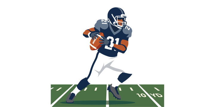 Dynamic American Football Player Running Across a Field Holding the Ball During a Game
