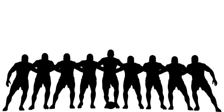 Silhouetted Rugby Team Players Standing Together in a Strategic Formation on a White Background
