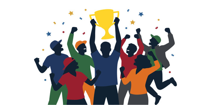 Diverse team silhouettes celebrating victory and holding a golden champion trophy cup