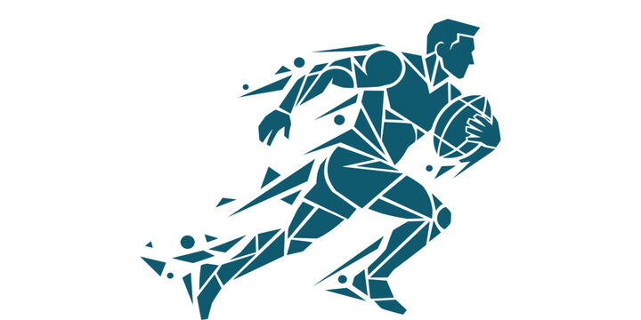 Geometric Vector Illustration of a Rugby Player Sprinting with the Ball in Motion