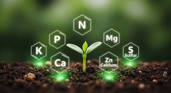 Close-up of a young plant sprouting with chemical element symbols in soil