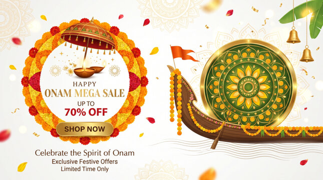 Happy Onam Sale Banner with Traditional Snake Boat and Festive Discount Promotion for Kerala Shopping Campaign