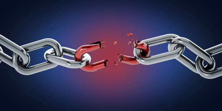Chain with broken red part isolated on white background. 3D illustration