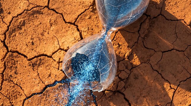 Digital data leaking from broken hourglass on cracked desert earth, conceptualizing AI privacy breach and security risks.