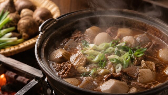 湯気の立つ芋煮の鍋 里芋と牛肉の醤油仕立て 秋の郷土料理