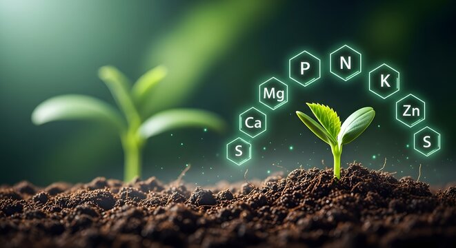 Close-up of young plant sprouting with digital nutrient icons in soil