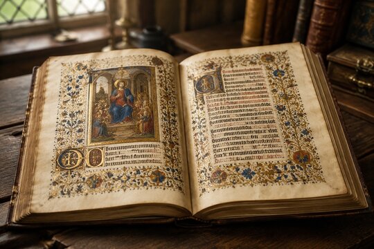 An open medieval codex on a wooden desk, illuminated manuscript with floral borders and gold leaf.