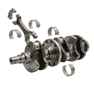 Crankshaft and connecting rod assembly with engine bearings isolated on white background