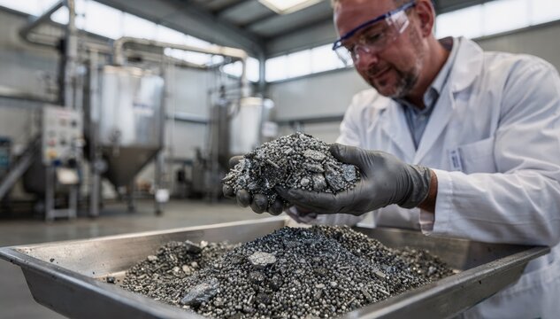 Technician inspecting recycled metal pellets derived from steel slag emphasizing quality control in sustainable pigment production from recovered raw materials.