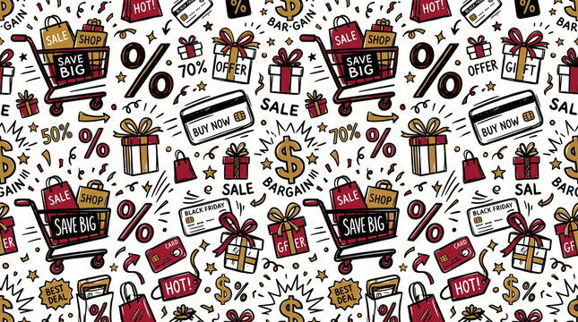 Black Friday Seamless Doodle Pattern with Shopping Icons for Retail Branding and Packaging