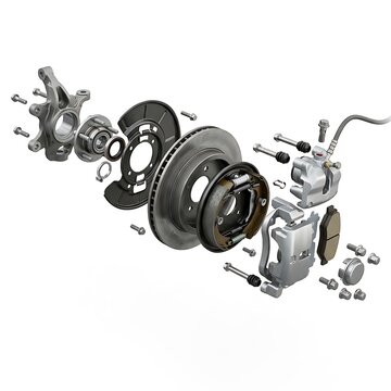 Exploded view of a car disc brake assembly isolated on white background