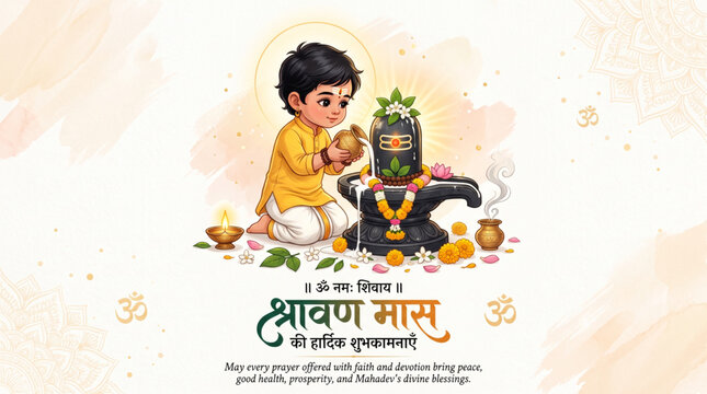 Shravan Maas Greeting Banner with Child Performing Shiva Lingam Puja for Hindu Festival Celebration Design