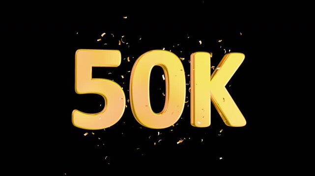 50K Celebration 3D Text with Confetti glitter animation on transparent alpha background.