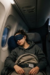 Fototapeta premium Young traveler sleeping on airplane with eye mask and blanket