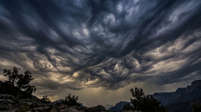 Dramatic asperitas clouds over mountains in storm sky