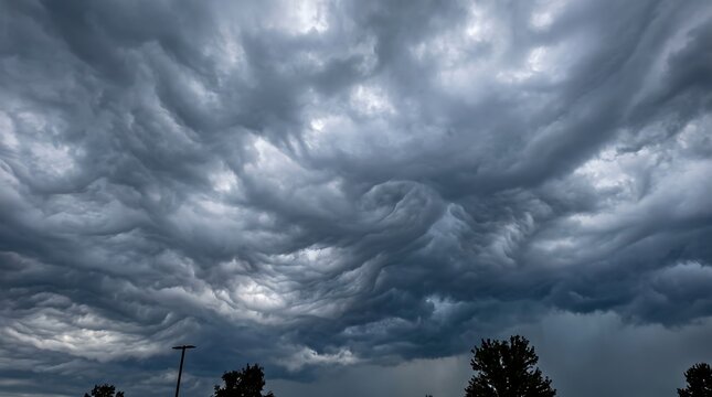 Dramatic asperitas clouds in dark stormy sky