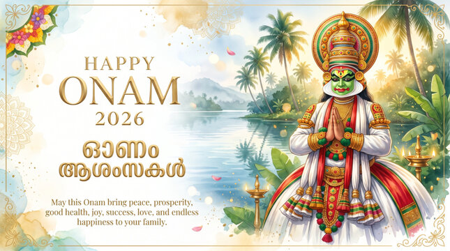 Happy Onam 2026 Greeting Banner with Traditional Kathakali Performer and Kerala Festival Celebration Design