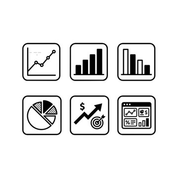 Minimalist set of black financial data analysis icons and growth charts on white background