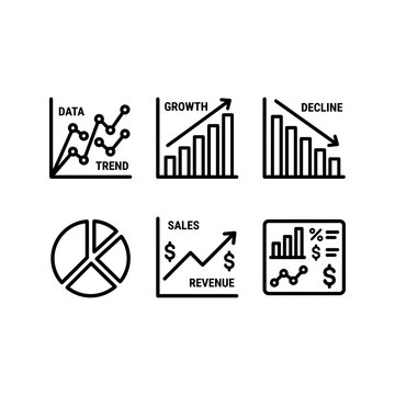 Set of minimalist line icons for business data trends, financial growth and revenue analysis.