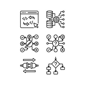 Minimalist line icons for software development logic and artificial intelligence algorithms