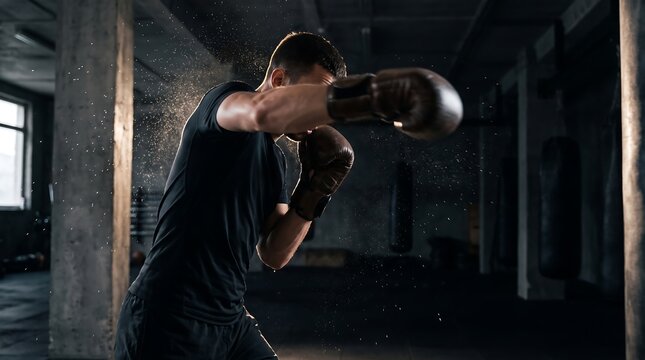Male boxer throwing powerful punch in dark gym