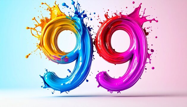 Vibrant colorful illustration of the number 99 with paint splatters