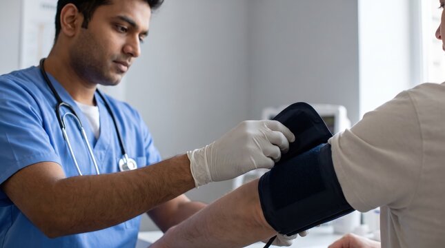 Medium Close-Up View of Indian Doctor Wrapping Blood Pressure Cuff on Patient Arm, Highlighting Professional Medical Care, Clinical Diagnostic Checkup, and Detailed Healthcare Practitioner Concepts