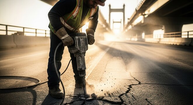 Skilled Worker Operates Jackhammer On Damaged Road Under Bridge Infrastructure At Sunset With Rays