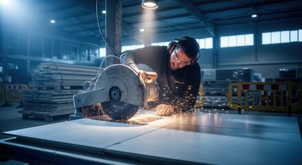 Obraz premium Skilled Worker Precisely Cuts Metal With Circular Saw Creating Sparks In Industrial Setting