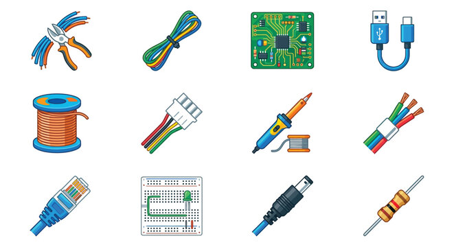 Electrical components and tools vector illustration on a white background wiring circuit board soldering iron wire stripper rj45 connector breadboard resistors electronics repair cable connectors