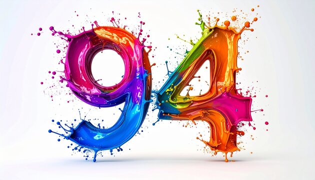 Vibrant colorful paint splashes on large numbers ninety four on white background