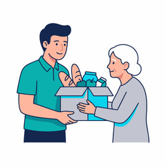 Obraz premium Young man kindly delivers a box of groceries to an elderly woman, showing community support and care