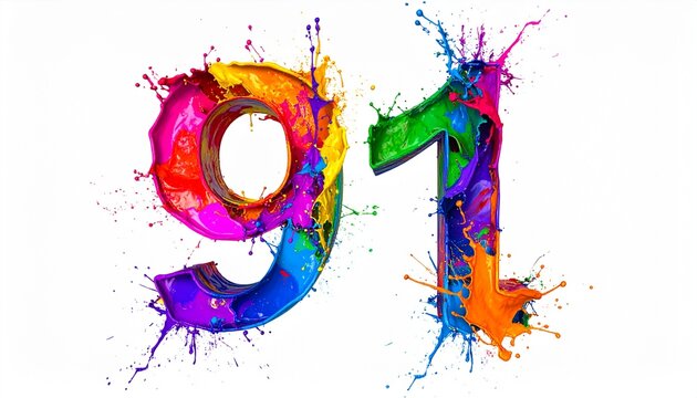 Vibrant colorful paint splashes on numbers 91 closeup